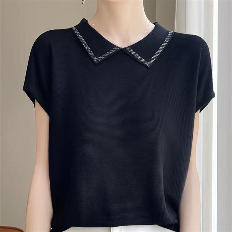 高级感~娃娃领短袖女t恤夏2024新款设计感小众针织飞飞袖体恤上衣，女装T恤，萱芳婷羊绒