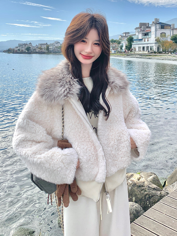 大毛领短款羊羔仿皮草外套毛绒保暖翻领冬季女,女装短外套,纯色衣恋