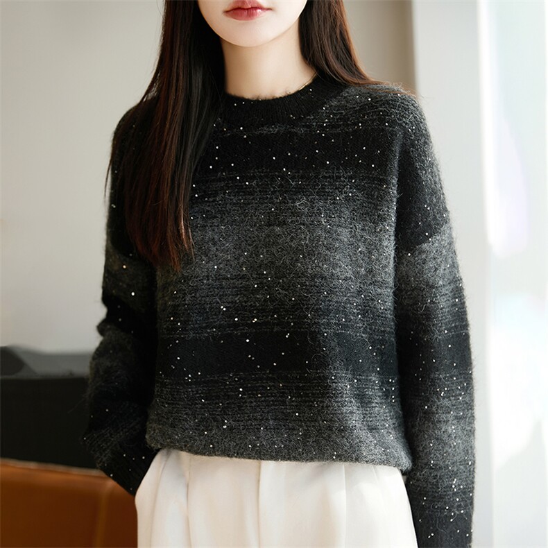 2025年秋季时尚百搭通勤简约休闲圆领撞色亮片上衣，女装针织衫/毛衣，郡淞羊绒