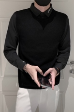 毛衣男士秋季新款打底衫修身长袖假两件青少年简约衬衫领针织衫，男装T恤，电商A327