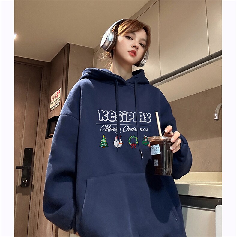 圣诞卫衣加绒DT5350-TP55控价78冬季情侣款印花红色连帽卫衣女,男装卫衣,电商A102-1
