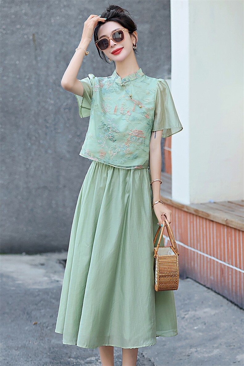 改良旗袍两件套汉服连衣裙女2024夏季新款国风精致刺绣两件套裙子,女装套装/套裙,丽美静依