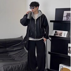 【有货】DW9215-P105假两件连帽皮衣外套男潮高级感底特律夹克，男装夹克，星座603-2
