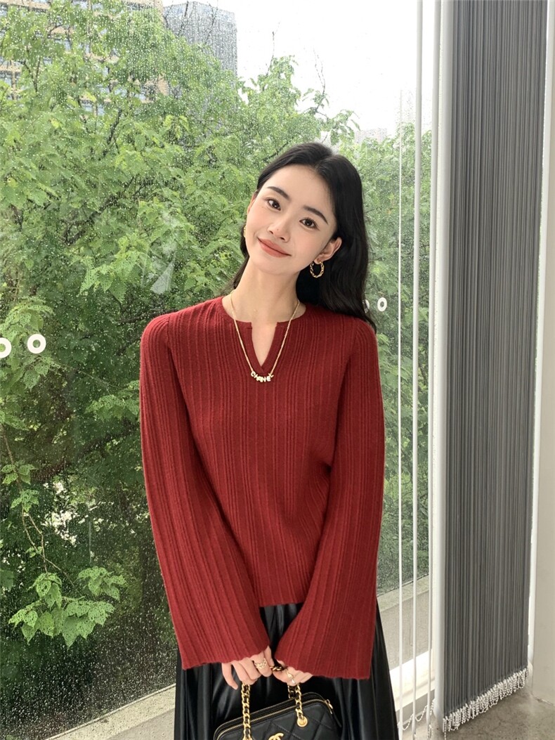 新款水滴领女纯色修身套头上衣针织衫,针织衫/毛衣,玛卡隆羊绒