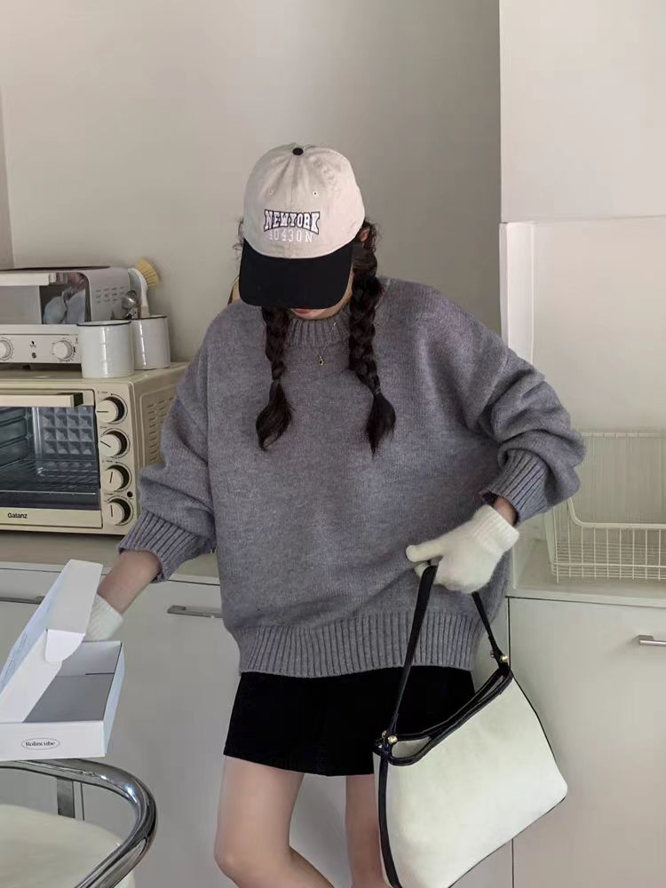 针织衫女圆领秋冬宽松毛衣长袖内搭打底衫,女装羊毛衫,冀清阳荣