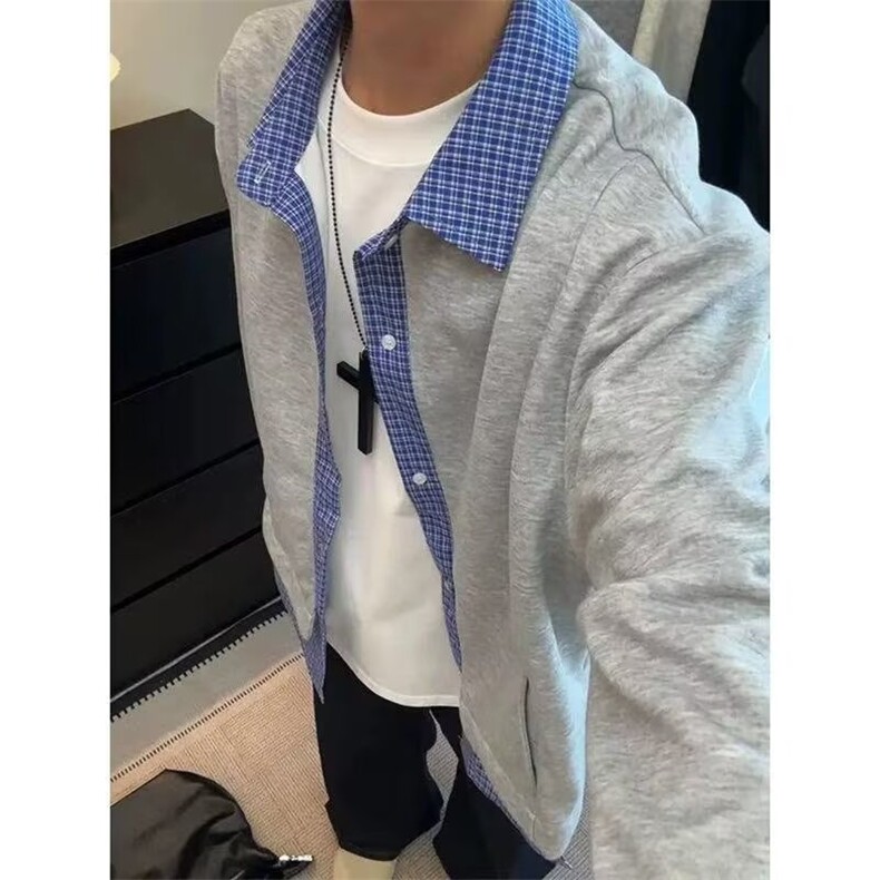 美式重磅灰色空气层棒球服外套男春季简约宽松百搭开衫夹克,男装夹克,四季星座505