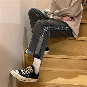 格子拼接复古牛仔裤男阔腿裤韩版潮流高街长裤潮牌ins宽松直筒裤图片
