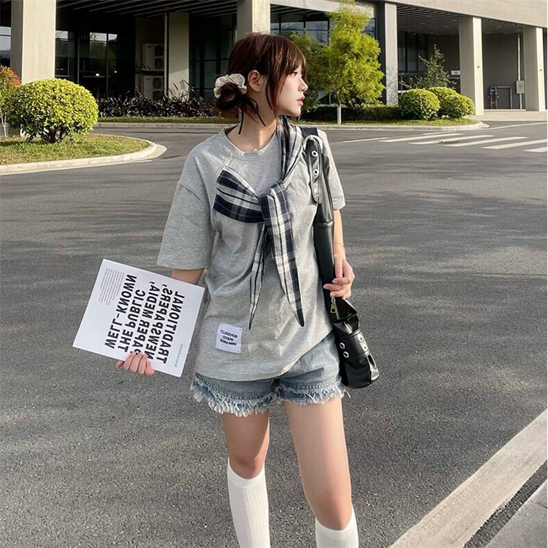 拼接格子布装饰高品质260克双纱纯棉美式高街短袖T恤特P35,男装T恤,电商A486