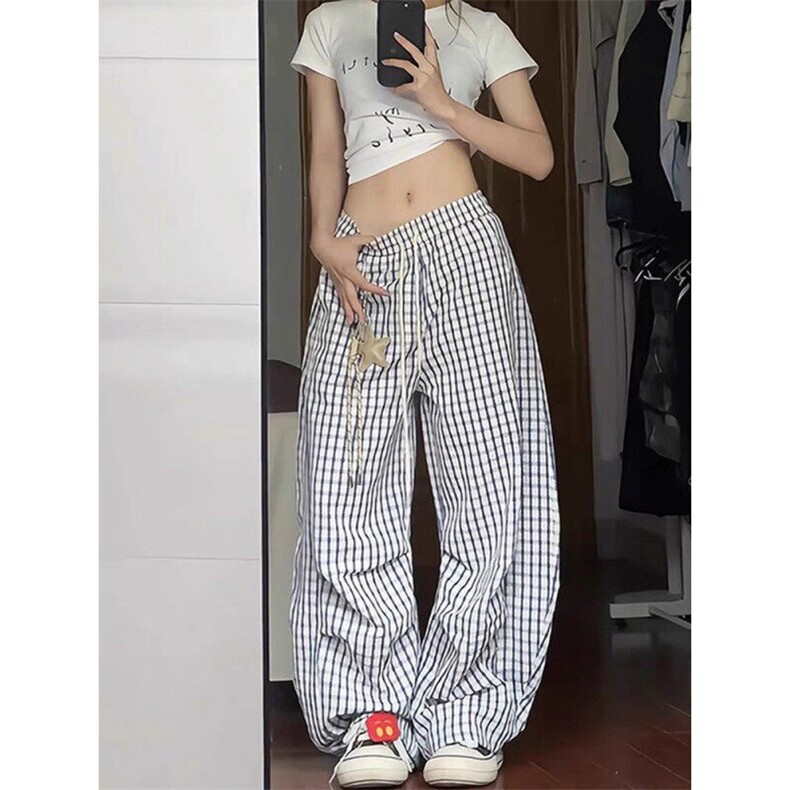 星星挂饰千鸟格子弯刀裤男女夏季薄款慵懒松弛感美式直筒阔腿裤子,男装休闲裤,星座313A(原308A-2)