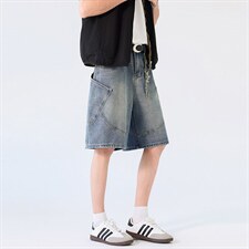 新款港风牛仔中裤男宽松直筒工装裤美式复古XZ201-K508P45，男装工装外套，星座201