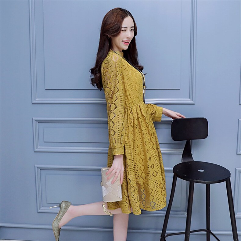 中长款显瘦修身长袖立领连衣裙甜美简约百搭2021年春季,女装连衣裙,艾尚靓装