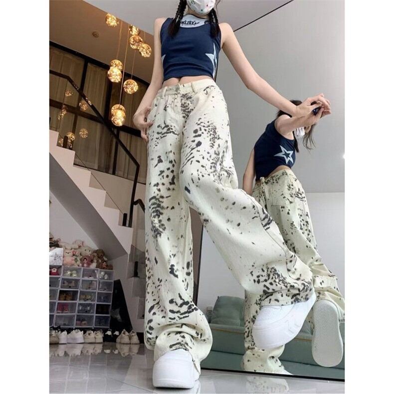 美式复古豹纹设计感牛仔裤女新款辣妹宽松直筒阔腿裤NA1850,男装牛仔裤,星座1116A（原606A-3）