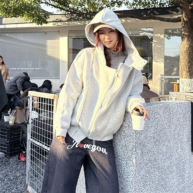 抖音得物品质26春装美式重磅结构斜拉链高领连帽卫衣开衫外套W61,女装短外套,电商A486-1