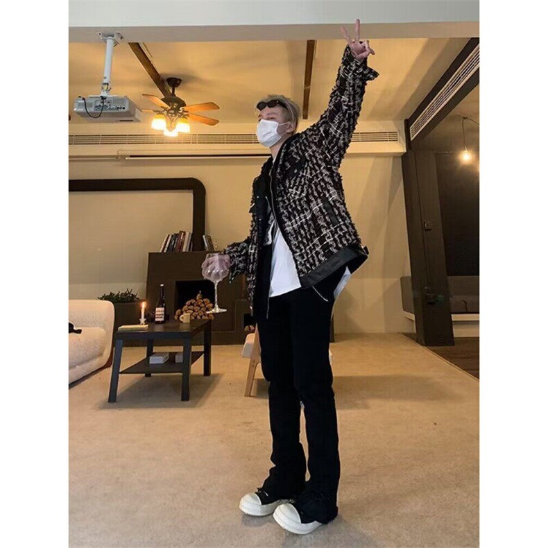 W9543-P68网图现货春季新款千鸟格纹拼皮夹克高级感外套上衣,男装夹克,星座1608-2