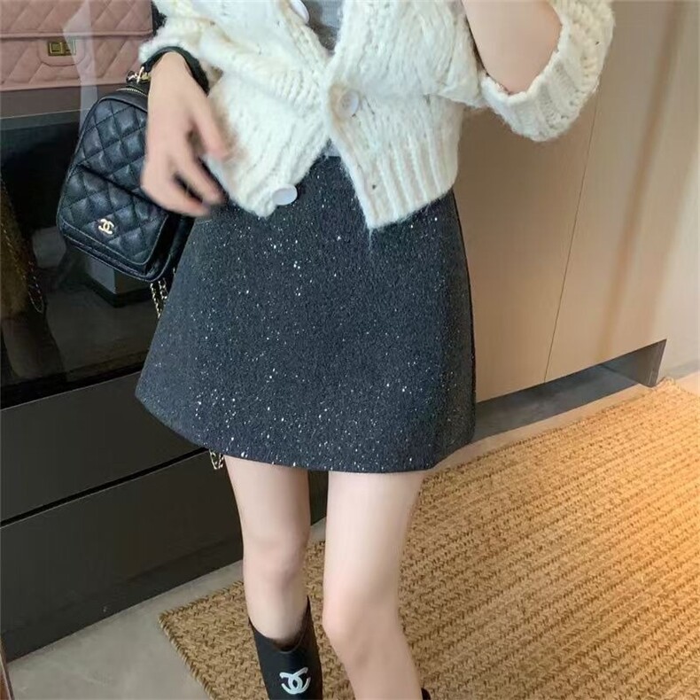小香风闪闪重工亮片A字裙女冬季小个子毛呢半身裙百搭包臀裙短裙，鞋类箱包手腕包，星座1210-1