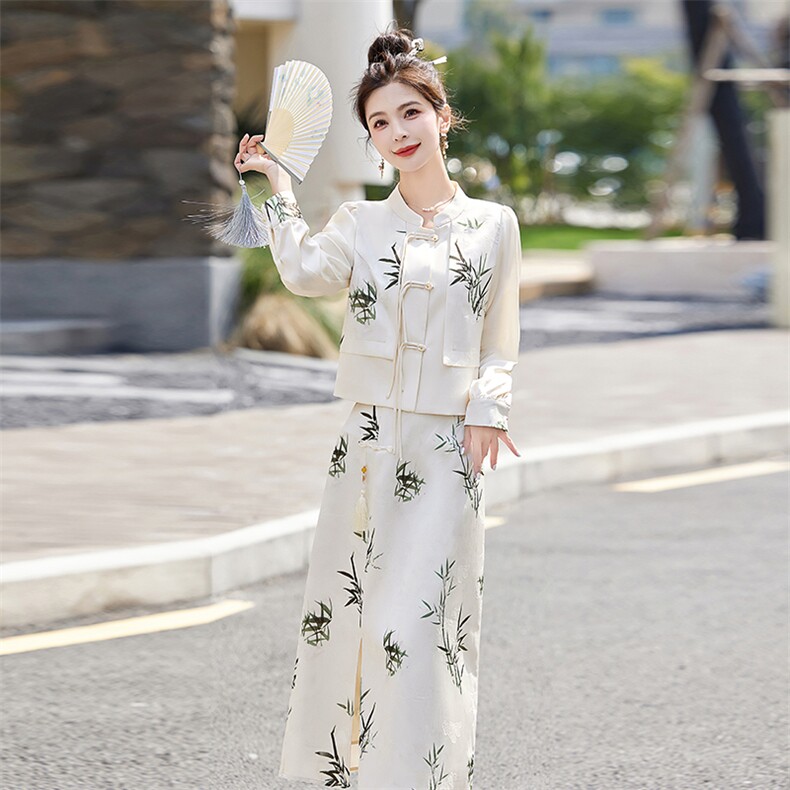 新中式轻G风套装女2026春秋新款高级感禅意印花盘扣半身裙两件套,女装套装/套裙,奕薇雅