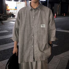2026夏装新款条纹绣标短袖五分袖衬衫潮男衬衣CS8090/P40黑，男装T恤，电商A094