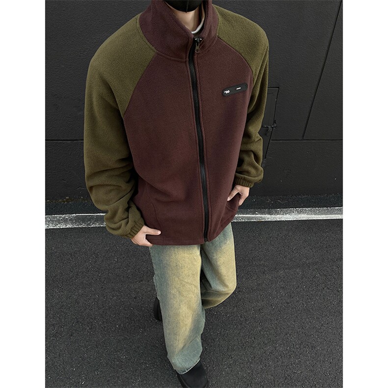 现货KS1109-P50摇粒绒开衫痞帅撞色拼接大码卫衣开衫外套，女装短外套，电商A059