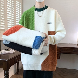 84563-特P60毛衣男秋冬款圆领软糯毛线衣服保暖拼色青少年针织衫图片