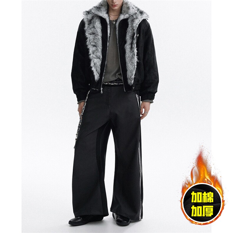 现货高品质美式高街重磅狼王座山雕毛毛领假两件棉衣加厚棉服外套，男装棉衣，电商A486-1