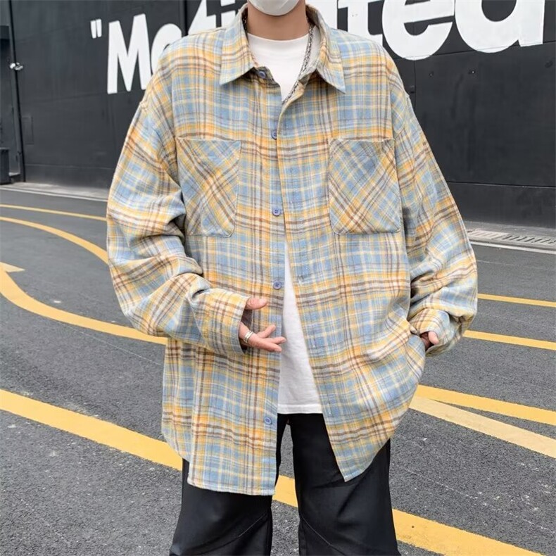 衬衫长袖男生春季新款美式宽松翻领格子衬衣复古潮流休闲百搭外套,男装衬衫,星座1013