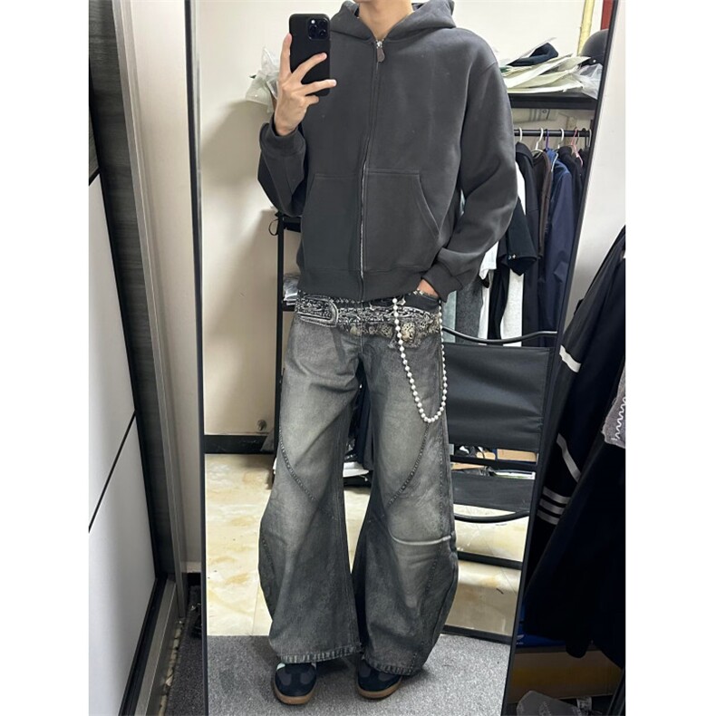 设计感高街腰带印花牛仔裤男女小众美式复古弯刀裤松弛感镰刀裤潮,男装牛仔裤,四季星座505