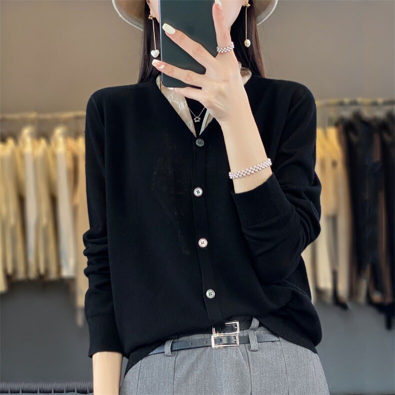 2024春夏季新款精纺圆领羊毛开衫女宽松百搭针织长袖毛衣外套上衣，女装羊毛衫，臻维羊绒