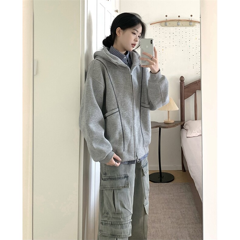 抖音得物高品质秋冬美式高街重磅结构辑明线纹理连帽卫衣外套W111,女装短外套,电商A486-1