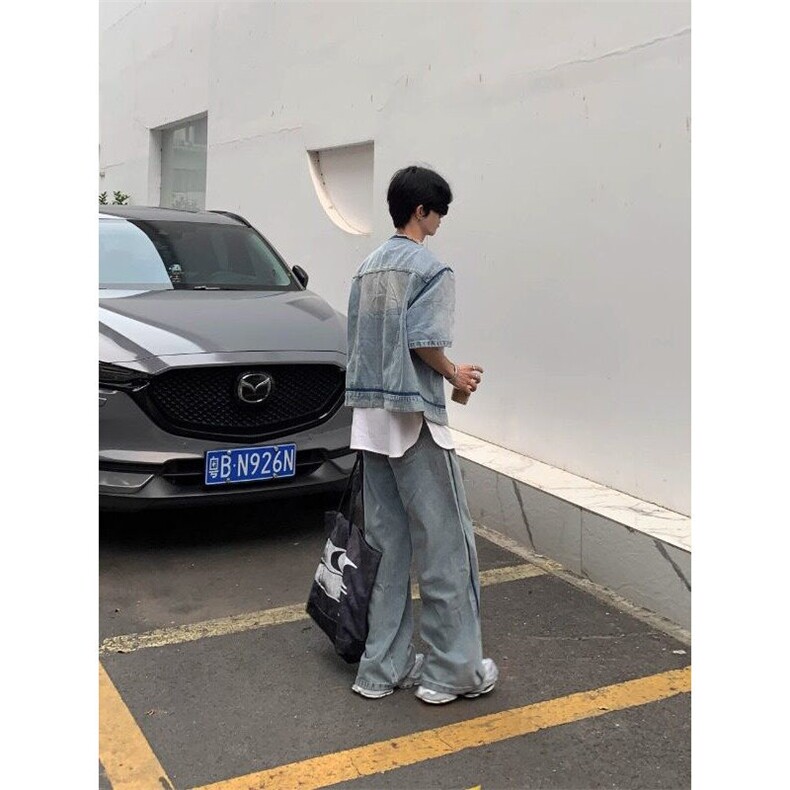 小香风无领垫肩牛仔衬衫男短袖高级感痞帅工装衬衣美式高街外套潮,男装夹克,星座506A