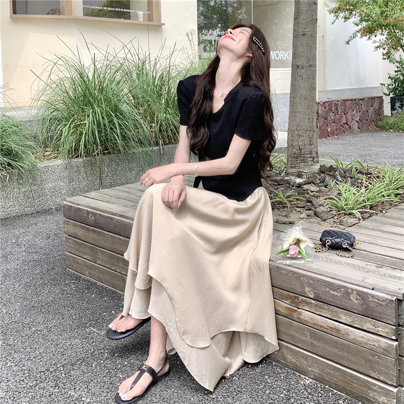 新中式国风不规则盘扣T恤套装裙女2025夏季新款高腰半身裙两件套,女装套装/套裙,2C176