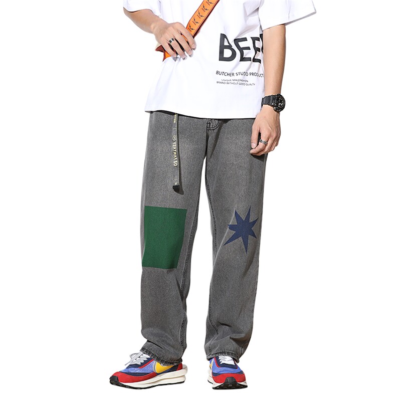 2021新款撞色印花阔腿裤复古牛仔裤宽松可5063-605,男装牛仔裤,星座304A-1