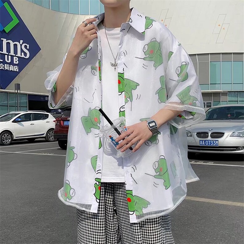 短袖衬衫春款男港风潮流冰丝假两件衬衣C1P40图片
