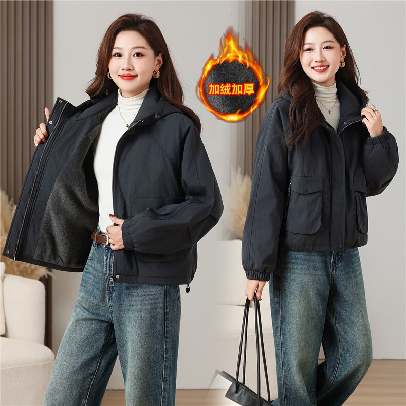 派克服女冬季休闲纯色加绒内里保暖防风外套,女装派克服,曼沙奕珂