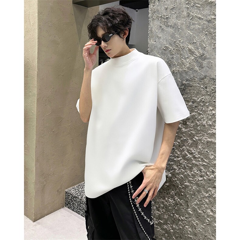得物抖音二开230克宽松弹力打底衫小半高领痞帅短袖T恤夏季潮,男装T恤,电商A486-1