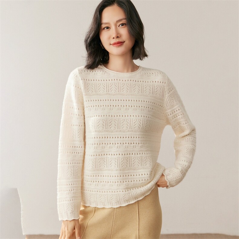 新款纯色长袖圆领针织衫时尚休闲简约风，女装针织衫/毛衣，鸥蕊娅羊绒