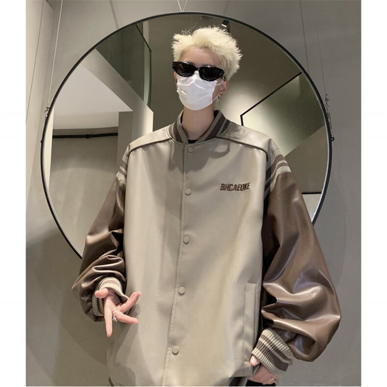 港风美式复古拼接罗纹pu棒球服情侣皮衣夹克外套男女G1094P108,男装夹克,电商A339