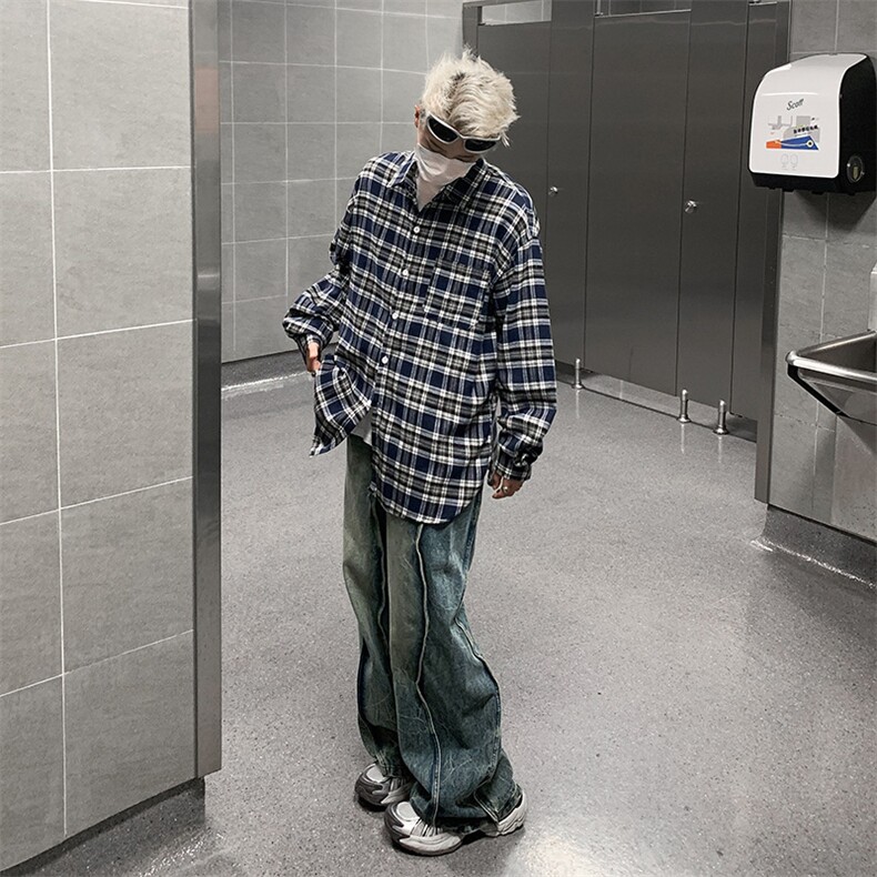 美式复古长袖衬衫男女宽松格子衬衣设计休闲外套上衣潮CS033-P40,男装衬衫,星座1008