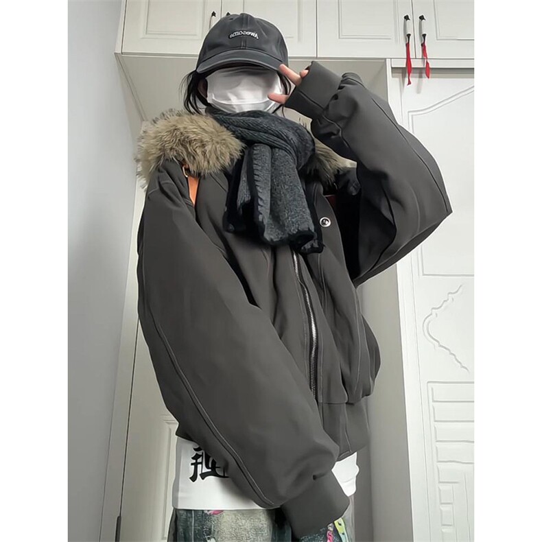 现货重磅boxy短款棉衣座山雕大毛毛领男女棉服水洗工装厚外套,男装棉衣,电商A486