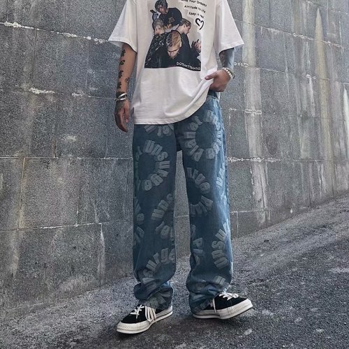 牛仔裤男圆圈字母2021夏季新款港风潮流宽松休闲裤痞子K344-P48图片