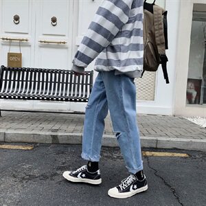 N21 P50 春夏韩版ins休闲破洞九分牛仔裤百搭宽松直筒阔腿裤子,男装牛仔裤,电商D321A