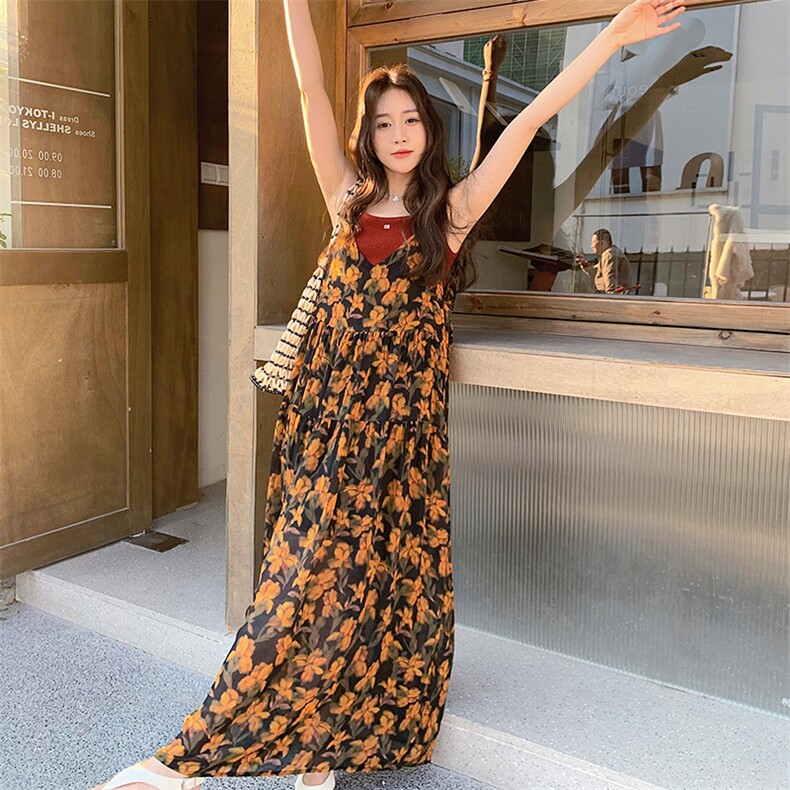 法式茶歇优雅碎花吊带连衣裙女2025夏季新款独特漂亮高级感长裙子,女装连衣裙,2C123