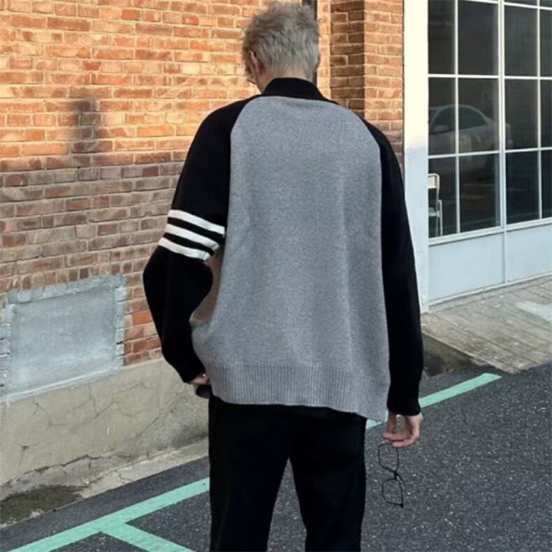 重磅秋冬北极绒开衫毛衣美式复古休闲慵懒风撞色立领针织衫外套,男装针织衫/毛衣,电商A486