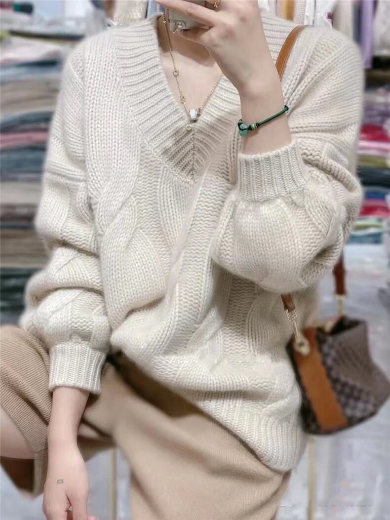V领麻花长袖羊毛针织衫女韩版宽松时尚百搭上衣内搭毛衣,女装羊毛衫,恩泰羊绒
