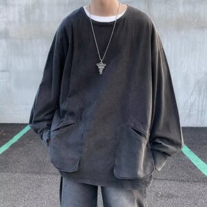 秋季水洗做旧圆领打底衫卫衣潮流牌高街ins宽松t恤男 T1351-P40图片