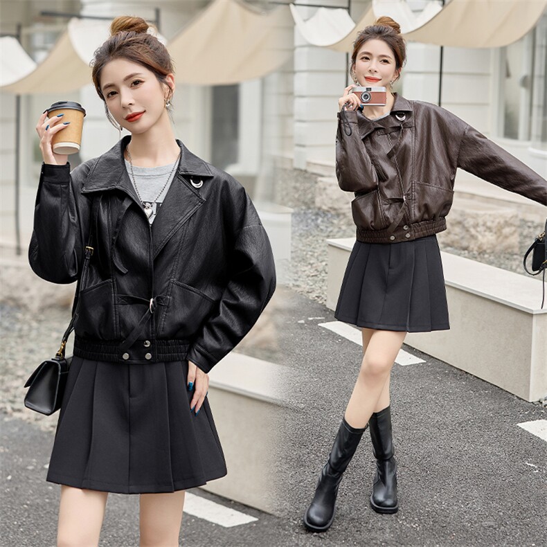 西装领长袖外套短款PU皮夹克2025春秋季新款女小个子时尚百搭上衣，女装皮衣，潮流依族