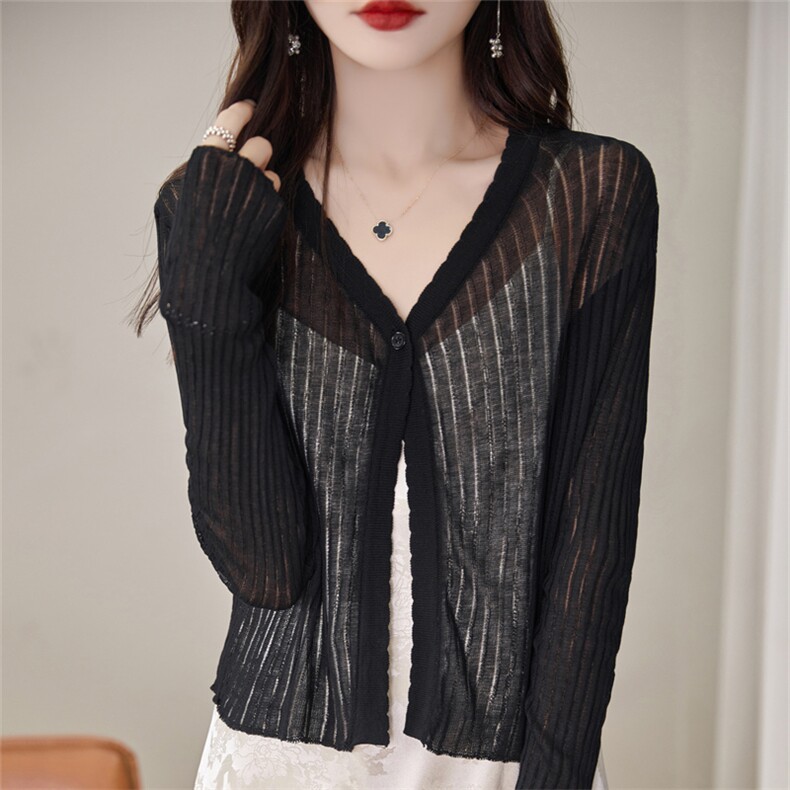 高级优雅V领针织长袖防晒开衫女2025薄外套配吊带裙短款披肩罩衫，女装针织衫/毛衣，暖姿羊绒