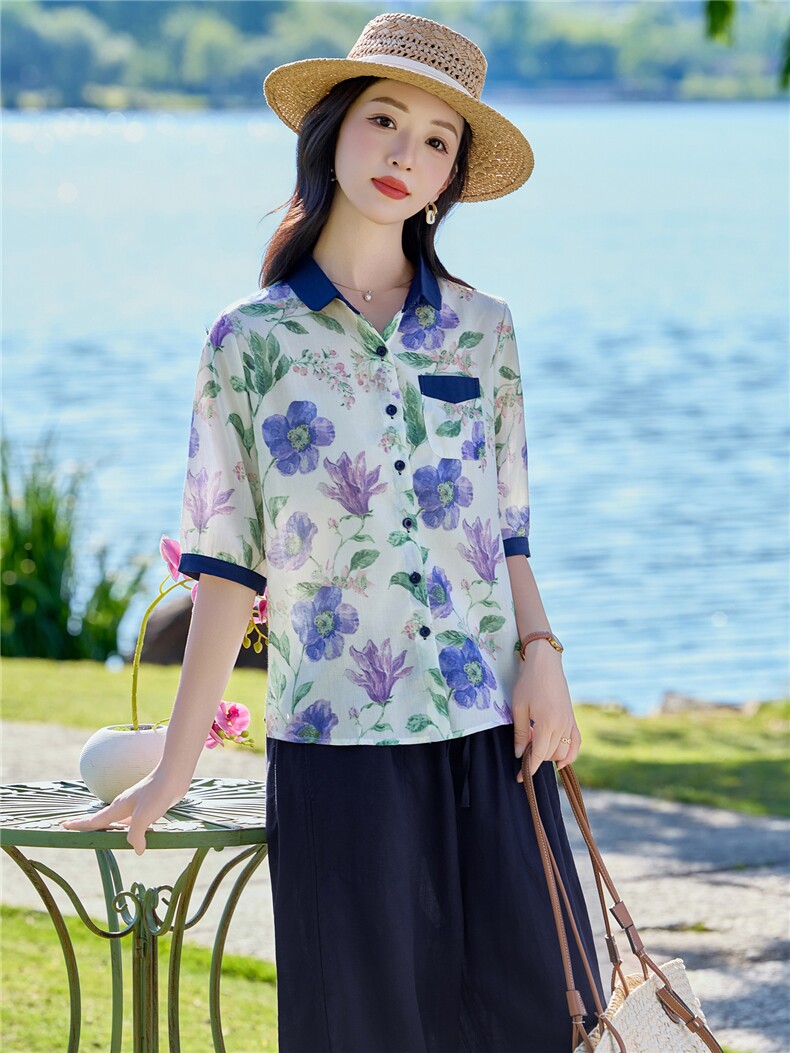 2026年夏季休闲时尚翻领印花上衣衬衫裤子套装两件套女,女装套装/套裙,依路服饰
