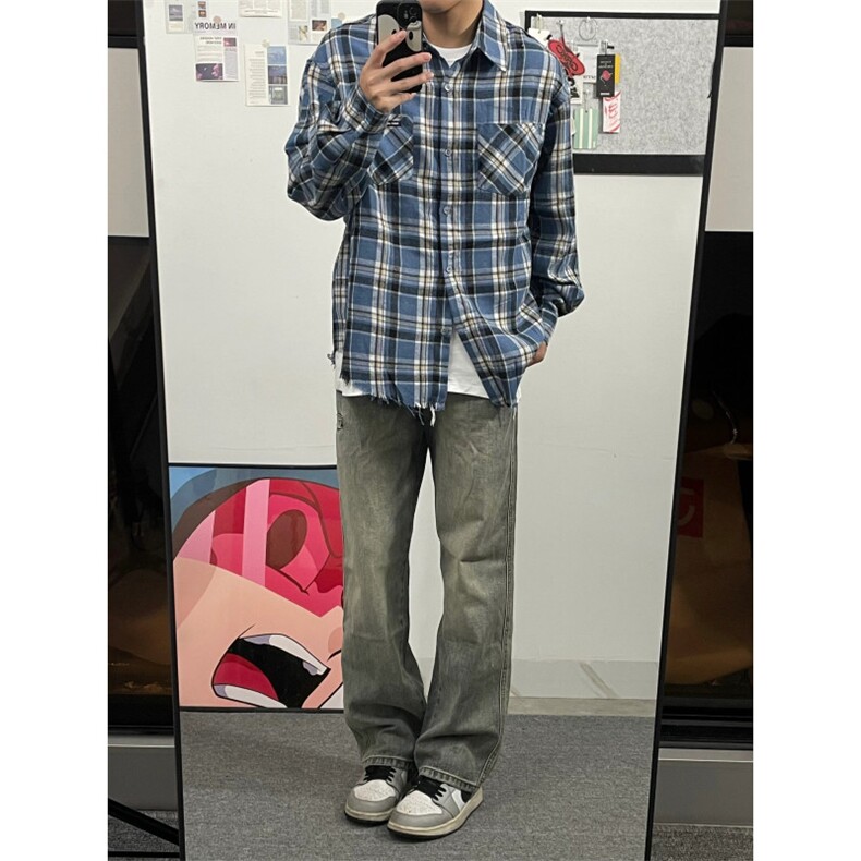 蓝色美式格纹衬衫男毛边格子长袖衬衣外套B326-P45,男装衬衫,星座1007（原301D）