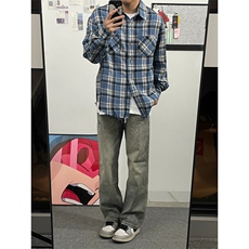 蓝色美式格纹衬衫男毛边格子长袖衬衣外套B326-P45，男装衬衫，星座1007（原301D）
