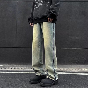 美式高街牛仔裤男春季潮牌复古直筒水洗做旧拉链开衩长裤~NK7070图片